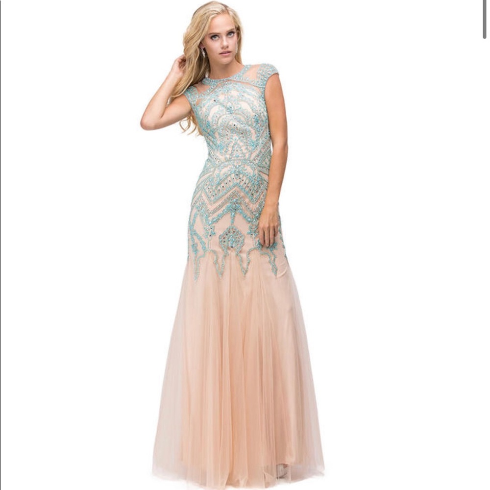 Nude Turquoise Bead Embellished Tulle Evening Gown